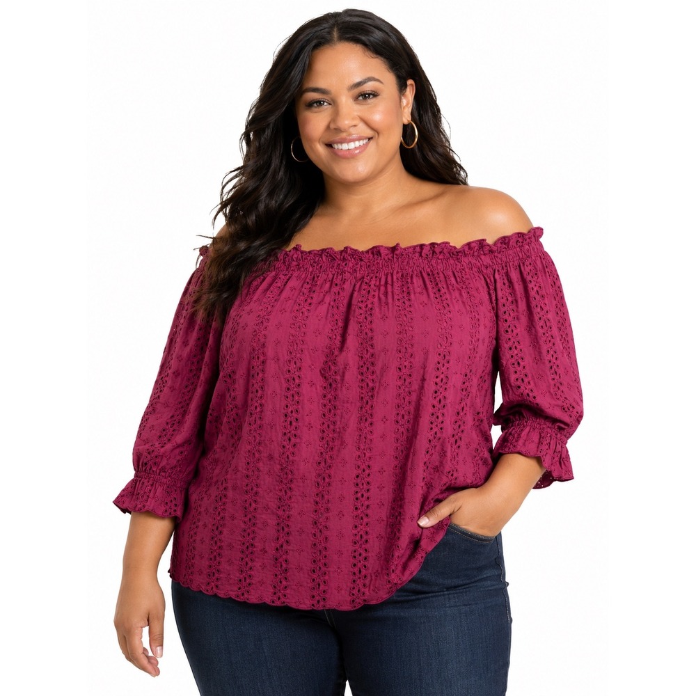 Lane Bryant Romantic 18/20 Berry Eyelet‎ Off the Shoulder Cotton Blouse Top Wine
